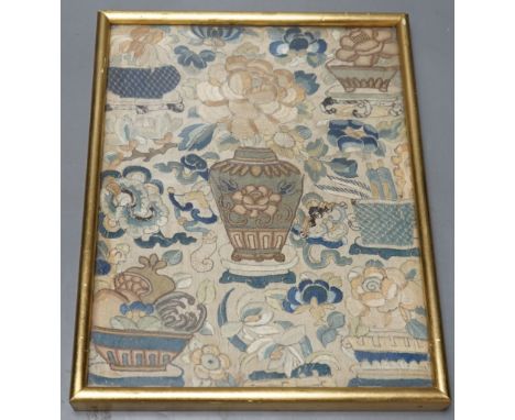 A late 19th century Chinese embroidered panel, worked with a vase of flowers, framed, 28 x 22cm