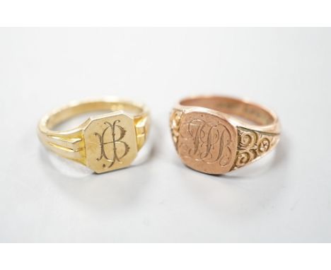 Two 9ct gold signet rings, both with engraved monograms, sizes R/S &amp; S, gross 14.7 grams.