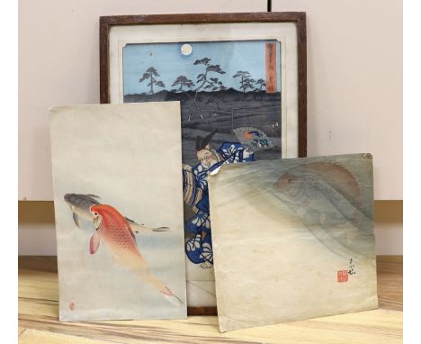 Ohara Koson, woodblock print, Two carp, 32 x 19cm, together with two other Japanesew woodblock prints