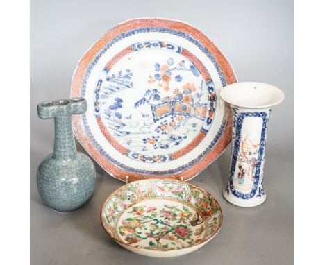 An 18th-century Chinese famille rose small vase, a similar octagonal plate, a 19th-century Cantonese dish and a crackle glaze