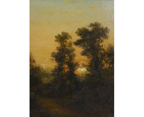 Lodewijk Johannes Kleijn (1817-1897), oil on wooden panel, Woodland at sunset, indistinctly signed, 15 x 11cm