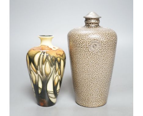 A Moorcroft vase, and a German stoneware flask,Moorcroft vase 16 cms high.