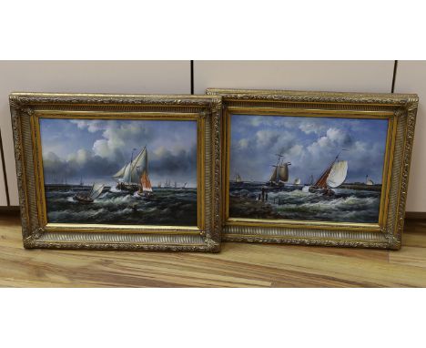 A pair of modern oils on panel of fishing boats at sea, 29 x 39cm