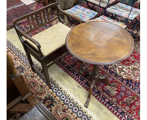 A Georgian mahogany circular tilt top tripod table with dished top, diameter 54cm, height 70cm together with an Edwardian pia