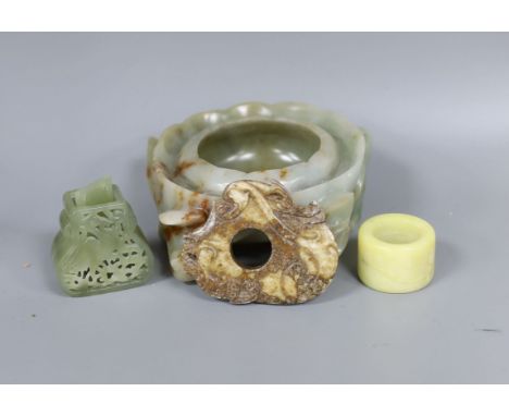 A Chinese jade brushwasher and three hardstone carvings