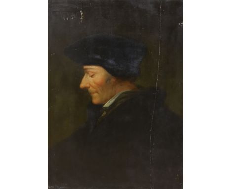 19th century School in the manner of Hans Holbein II, oil on wooden panel, Portrait of Erasmus of Rotterdam, 40cm x 30cm, pan