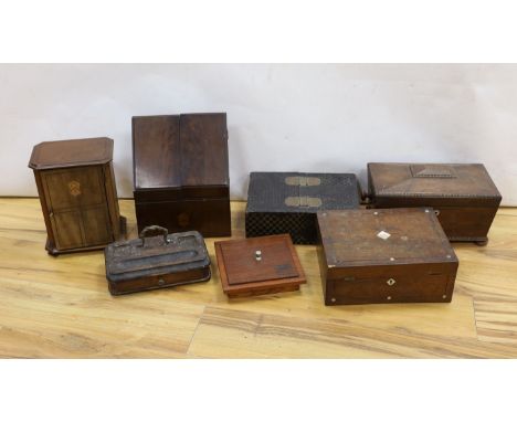 An inlaid miniature linen press, Japanese lacquer box, a stationary box and  tea caddy etc (7 items in total)
