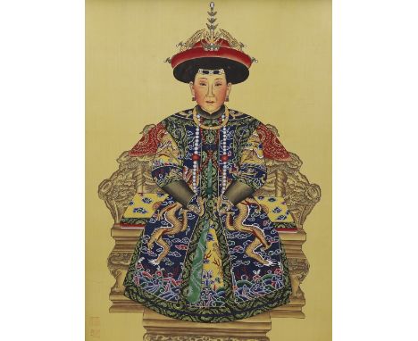 Chinese school, gouache on silk, ancestor portrait, 100x75cm