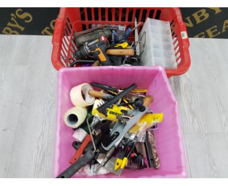 2 BOXES OF MISCELLANEOUS TOOLS INC PLANER WORX DRILL HAMMERS ETC