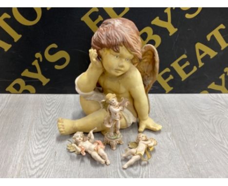 3 ITALIAN  CHERUB FIGURES PLAYING MUSICAL INSTRUMENTS TOGETHER WITH A LARGE POTTERY CHERUB