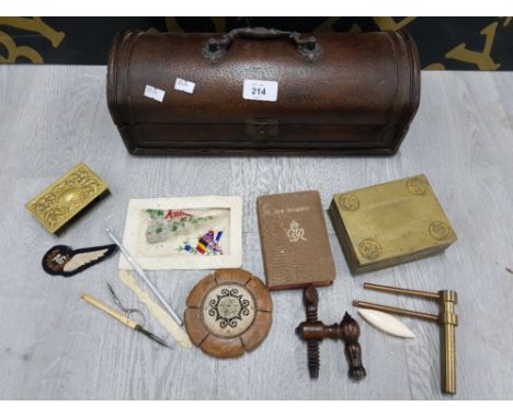 A WOODEN DOMED BOX WITH HANDLE TO COVER TOGETHER WITH COLLECTABLES TO INCLUDE A CHINESE BRASS CIGARETTE BOX PIN CUSHION ETC