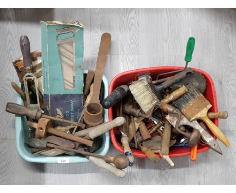 2 BOXES OF VINTAGE MIXED TOOLS INCLUDING BRUSHES AND CHISELS ETC