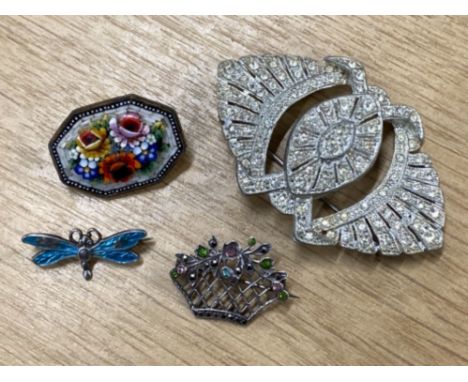 ITALIAN ANTIQUE MICRO MOSAIC FLORAL PATTERNED BROOCH TOGETHER WITH STERLING SILVER AND ENAMEL DRAGONFLY BROOCH PLUS LARGE 193