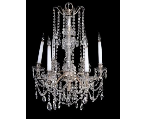  A cut glass hung and silver plated metal six light chandelier in George III style,   early 20th century, reputedly by Osler,