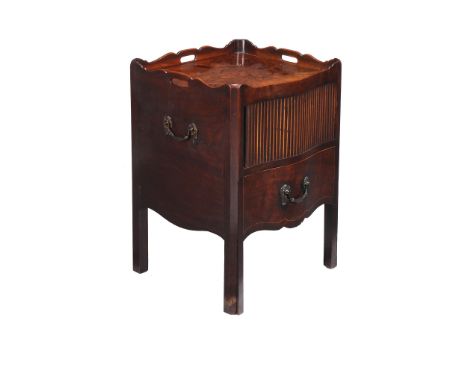  A George III mahogany night commode  , circa 1780, the top with shaped gallery incorporating carrying handles, above tambour