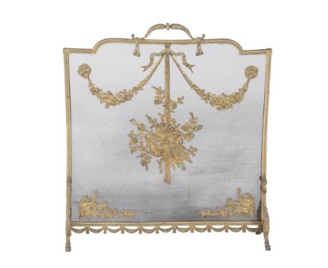  A gilt metal and wire mesh firescreen in Louis XVI taste,   late 19th century, of rectangular form, the mesh mounted with a 