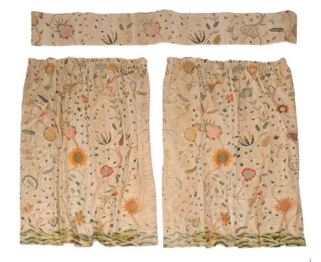  A pair of crewel work linen curtains and a pelmet in late 17th century style,    circa 1920,  worked in wool with deer and h