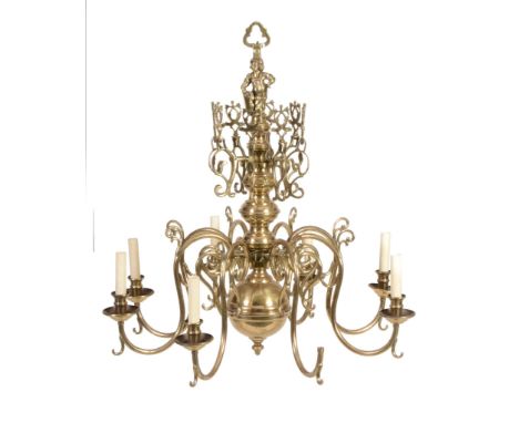  A brass eight light chandelier in Dutch early 18th century style,   early 20th century, with electrical fitments in sockets 