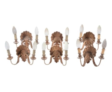  A set of six Italian carved wood twin light wall appliques,   mid 20th century, the elctrical fitments above urn sockets, on