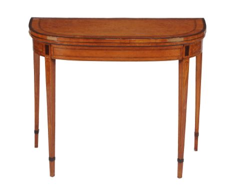  A late George III satinwood and inlaid card table  , circa 1800, the banded top opening to baise inlaid playing surface, abo