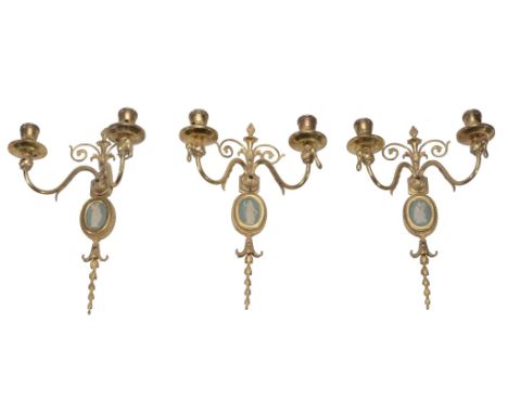  A set of six gilt brass and jasper dip porcelain inset twin light wall appliques,   circa 1900, previously for gas use, each