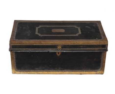  A leather covered and brass mounted camphor trunk  , first half 19th century, probably Anglo-Chinese, brass studded througho