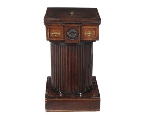  A George III mahogany and painted pedestal cupboard  , circa 1780, the square top above a roundel carved and urn painted fri