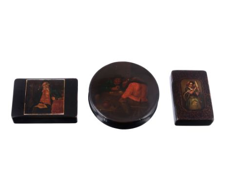  A German papier mache circular bonbonniere or snuff box,   early 19th century, the cover painted with cards players in a tav