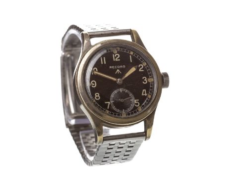 RECORD MILITARY ISSUE CHROME CASE MANUAL WIND WRIST WATCH, the round black dial with Arabic numerals in white, sunken subsidi