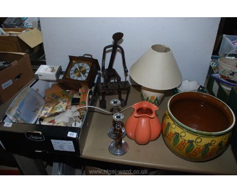 Crocus pattern lamp, large jardiniere, plant pots, mantle clock etc.