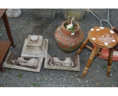 Garden urn planter, ornament, a/f and a pine stool.