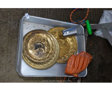 Two large baking trays, brass plaques, baseball mit, bulb planter etc.