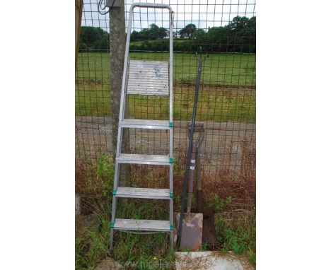 Two shovels, hoe, four rung aluminium ladder and extended pruner