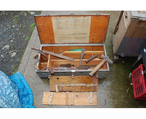 Metal bound US Army wooden tool box (possibly 1920's) with various boxed spanners, hand tools etc ,some possibly originals