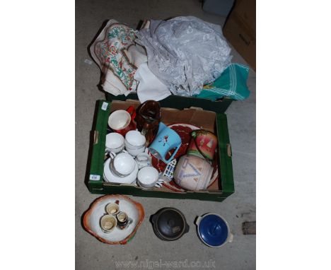 Box of linen including tablecloths, net curtains, part Teaset etc.