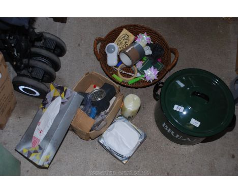 Enamel bread crock, wicker basket, mincer etc.