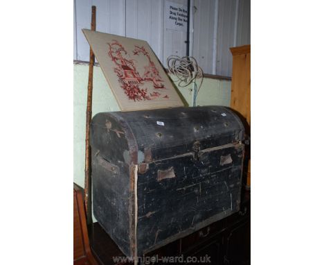 Dome topped travel trunk, easel components, tapestry, music stool seat and bamboo cane.