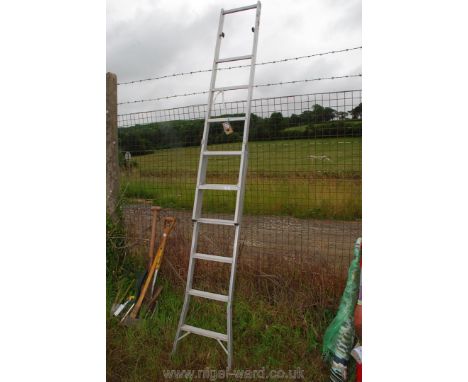 Extending convertible step ladder.