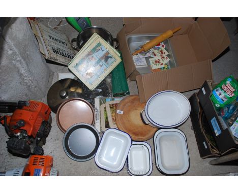 Griddle, saucepan,handkerchiefs, place mats, enamel dishes etc.