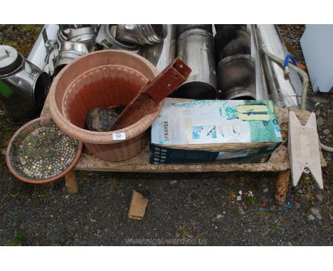 Boxed garden spray, boot jack, metal post, planter etc.