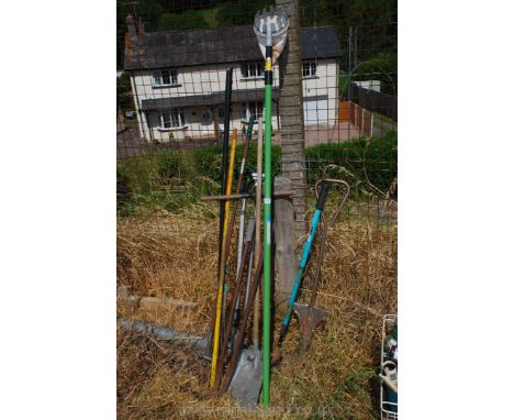 Quantity of garden rakes, shovel, apple catcher, bulb planter etc.