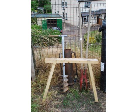 Post auger, post rammer and post hole digger spade plus modern saw horse.