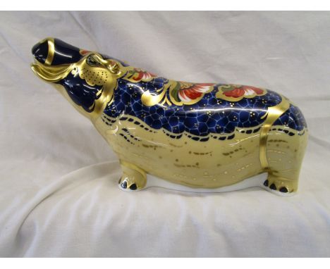 Boxed Royal Crown Derby hippo with gold stopper