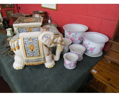 Collection of 5 ceramic planters and large elephant seat