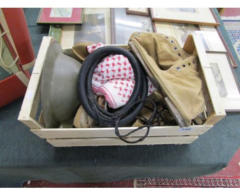 Box of WWI militaria to include helmet and trench boots