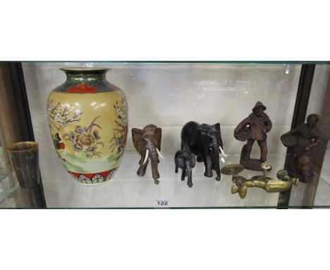 Shelf of collectables to include elephants & Satsuma vase etc