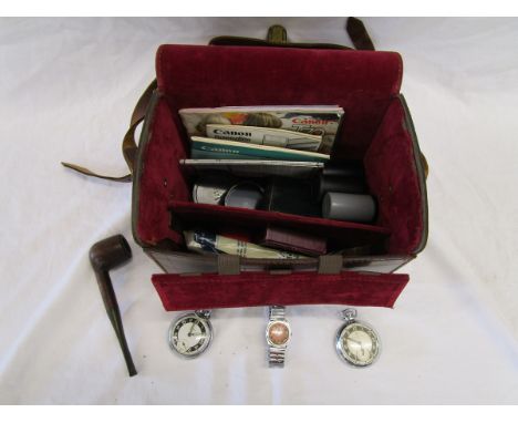 Gents leather case of collectables to include 2 Ingersoll fob watches