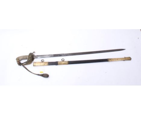 Victorian Royal Navy Officers Sword, with gilt brass hilt with lions head pommel, folding langet, bullion work dress knot and