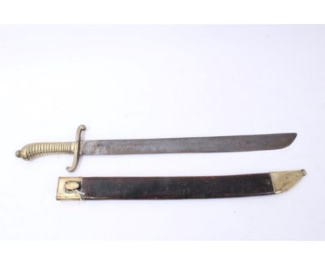19th Century Prussian Faschinenmesser (Fascine Knife) Sidearm, with ribbed brass grip and recurving crossguard stamped on one