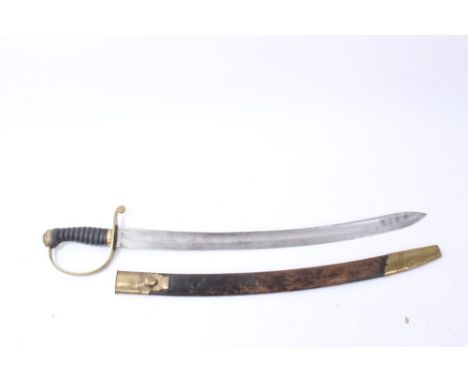 Victorian Customs / Police Cutlass with curved polished steel blade, brass stirrup hilt with ribbed fishskin grip. In brass m
